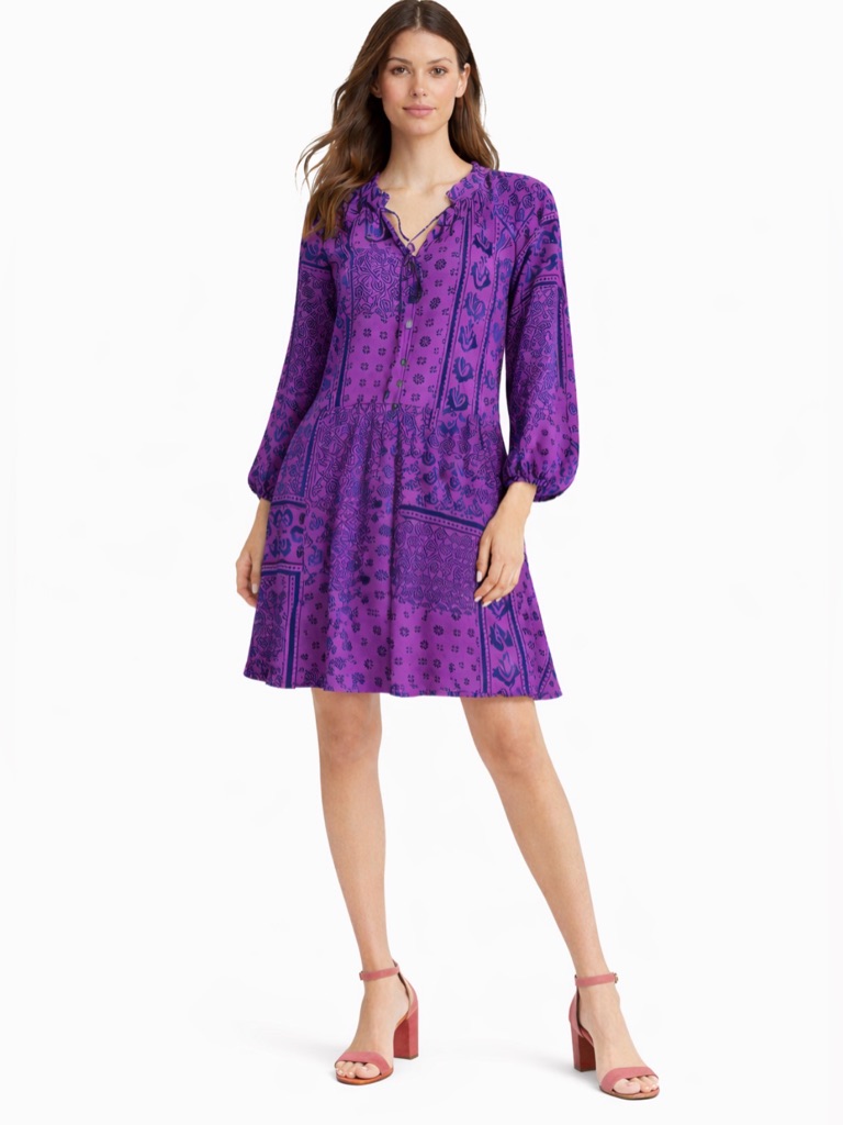 Nwt Tribal Jeans Purple Print Mini Dress Long Sleeve Flowy Size S Spring